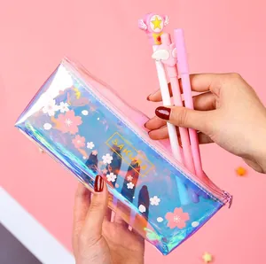 Holographic laser pencil case with cherry blossom patterns and pink zipper closure