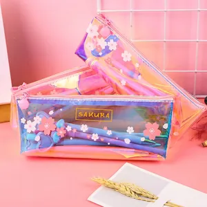 Laser iridescent transparent Sakura pencil case set with floral pattern and zipper