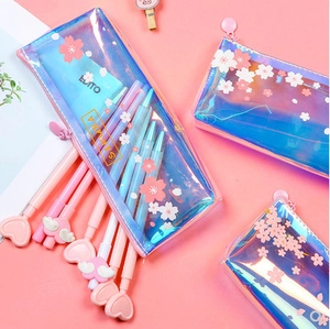 Laser transparent pencil case with cherry blossom patterns and cute heart pendant pen