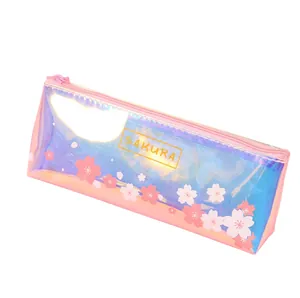 Holographic laser pencil case with cherry blossom patterns and pink zipper closure