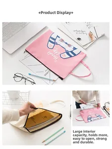 Close-up of pink oxford document bag with cat pattern and large capacity interior
