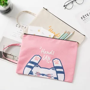 Pink and beige canvas document bags with cute cat illustrations and zipper handles