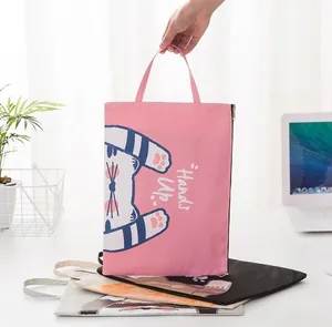 Pink cartoon cat oxford cloth document bag with handle and zipper for students
