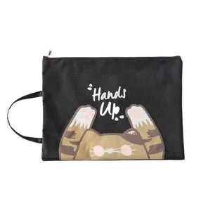 Black canvas cat document bag with zipper and handle for students and office