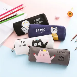 Four cat themed canvas pencil cases in assorted colors for students and school stationery
