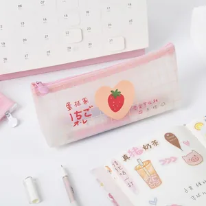 Pink mesh pencil case with strawberry print and transparent grid design for stationery