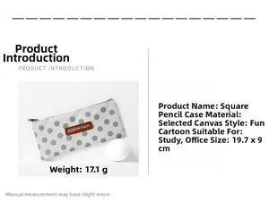 Detailed view of the blue polka dot canvas pencil case with logo and size dimensions