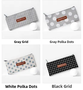 Detail view of four patterns of large capacity pencil cases with checkered and dot designs