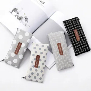 Simple Canvas Pencil Case High Capacity Dot Grid Pattern Zipper Pouch School Office Supplies Student Stationery Bag