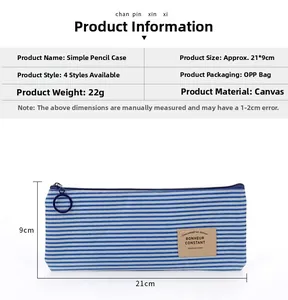 Detail view of striped canvas pencil case with metal zipper and size dimensions