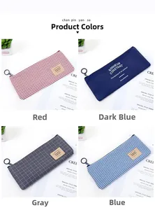 Detail view of Oxford cloth pencil bags in four assorted patterns with circular zippers