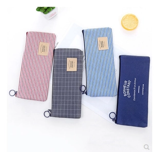 Minimalist Oxford Cloth Striped Pencil Case Large Capacity Stationery Pouch Makeup Bag With Metal Ring Zipper For Students