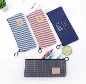 Large capacity striped oxford canvas pencil case in four colors for school and office