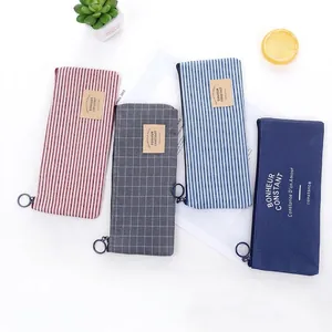 Minimalist striped Oxford cloth pencil case set with large metal ring zipper detail