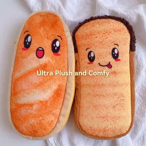 Cute plush toast and baguette pencil cases with soft fabric and embroidered faces