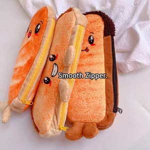 Creative toast bread plush pencil cases with cute facial expressions and smooth zippers