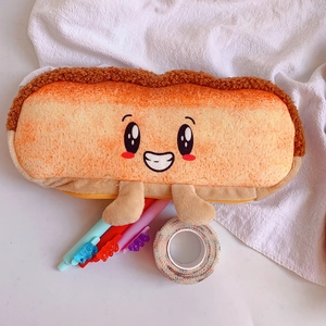 Detail of cute toast-shaped plush pencil case with 3D legs and smiling face on white fabric