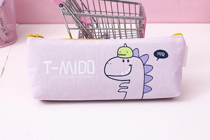 Detail of light purple canvas pencil case featuring a cute dinosaur and yellow zipper