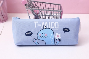 Detail of light purple canvas pencil case featuring a cute dinosaur illustration and zipper
