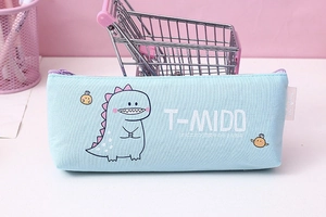 Close-up of light blue canvas pencil case with cute dinosaur and purple zipper detail