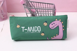 Detail of dark green canvas pencil case with cute purple dinosaur print and zipper