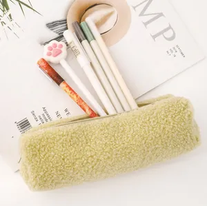 Cute avocado green teddy fleece pencil case with soft texture and smooth zipper