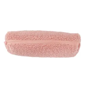 Pink plush sherpa pencil case with zipper closure in a minimalist rectangular design