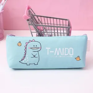 High-capacity light blue canvas pencil case with cute cartoon dinosaur and zipper