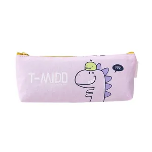 Cute lavender canvas pencil case with cartoon dinosaur and yellow zipper for school