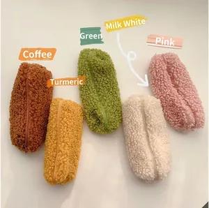 Plush Pencil Case Lamb Wool Stationery Bag Zipper Closure Fresh Solid Color Desktop Organizer For Student