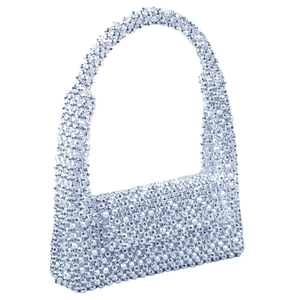 Elegant silver beaded top handle bag with woven acrylic beads for evening fashion