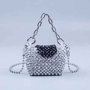 Handmade beaded mini flap bag in silver and black with stylish metallic chain strap