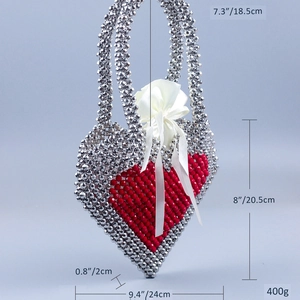 Detailed size specifications for red heart beaded handbag with silver bead texture