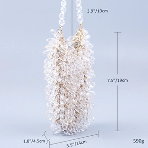 Dimensiones detalladas del bolso de mano hecho a mano con cuentas de cristal acrílico champán