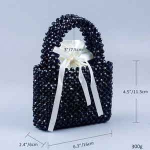 Handgefertigte schwarze Acryl-Perlenhandtasche mit Satin-Kordelzugbeutel, 16x11,5x6cm Maße