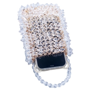 Bolso artesanal de cuentas acrílicas con malla dorada y asa de cristal para el teléfono