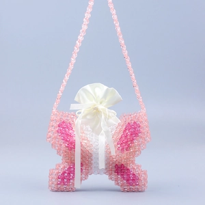 Handmade butterfly shaped beaded shoulder bag with pink beads and satin inner pouch