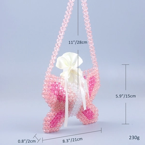 Detail view of butterfly beaded handbag with pink beads and size measurements shown