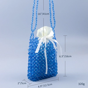Blue beaded shoulder bag dimensions showing 16cm height and 12.5cm width specs