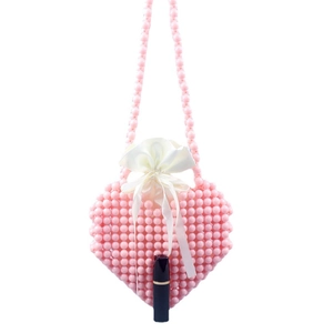 Pink heart-shaped handmade beaded shoulder bag with satin drawstring pouch and long strap