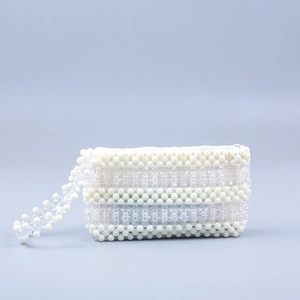 Pochette Perlée À La Main Acrylique Blanc Transparent Fermeture Éclair Bracelet Tissé Soirée Sac À Main Pour Femmes