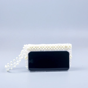 Sac à main artisanal en perles blanches et cristal acrylique avec poignée assortie