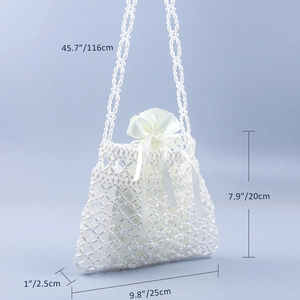 Detailed view of woven pearl crossbody bag with dimensions 25cm width and 20cm height