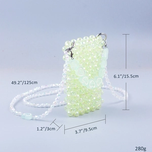 Detailed size specifications and weight of this handmade light green beaded crossbody bag