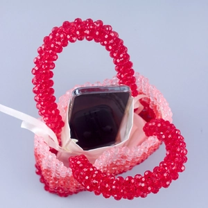 Handmade gradient red beaded mini handbag with satin lining and compact square design
