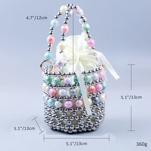 Detailed dimensions of the handmade beaded bucket bag with dimensions and weight info