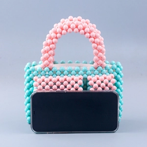 Handgefertigte gewebte Perlen-Mini-Handtasche in Rosa und Blau mit Reißverschluss