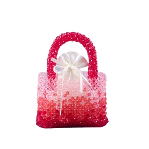 Handmade red gradient beaded handbag with crystal acrylic beads and satin drawstring bag