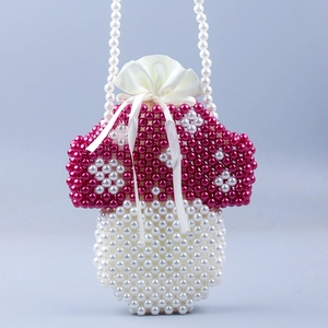 Cute Mushroom Shape Handmade Artificial Pearl Beaded Crossbody Bag For Women Acrylic Beaded Shoulder Pouch With Satin Drawstring