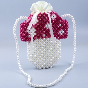 Handmade mushroom-shaped pearl crossbody bag with red bead dots and satin lining